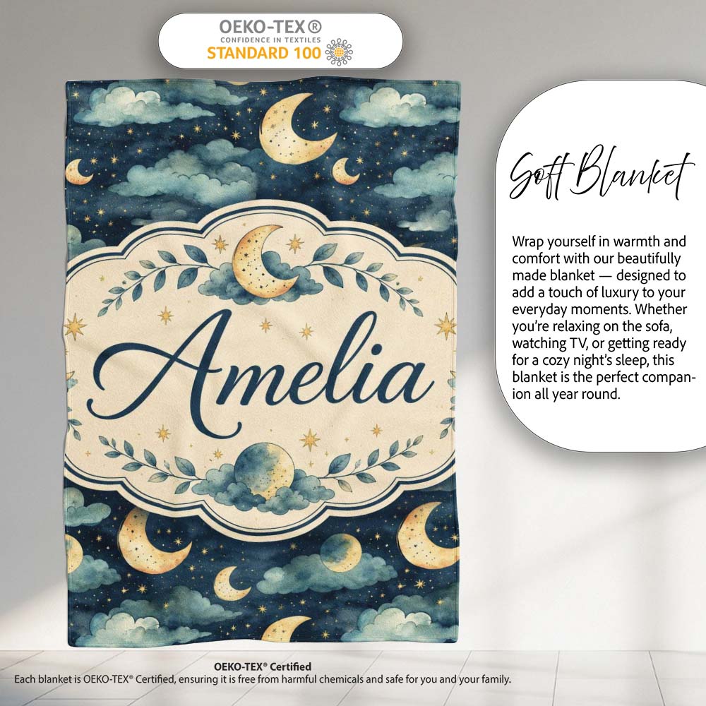 Golden Moon and Celestial Watercolor Night Sky Seamless Pattern Personalised Custom Name Super Soft Fleece Blanket Bed Sofa Throw