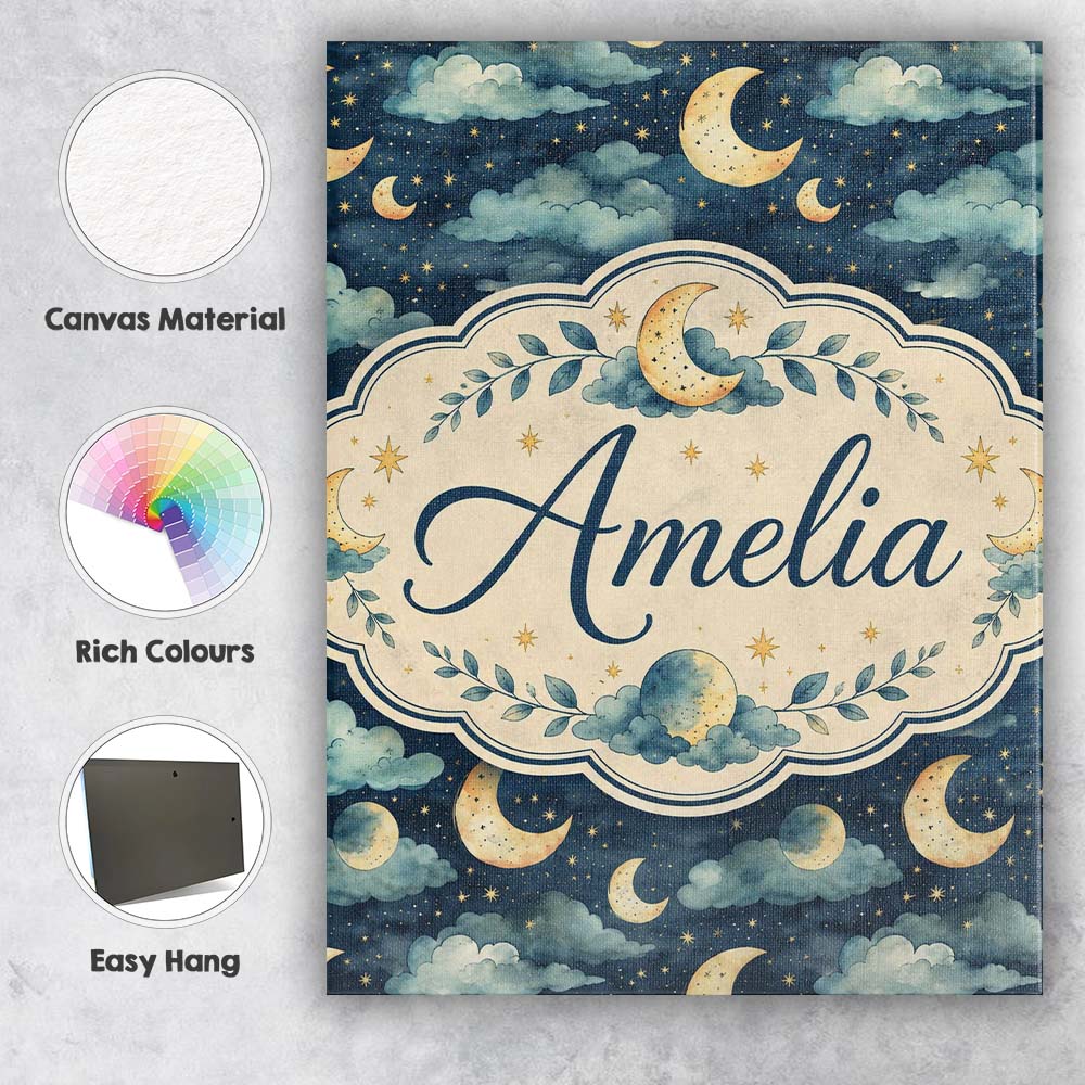 Personalised Name Golden Moon and Celestial Custom Bespoke Interior Contemporary Canvas Wall Art Print Decor Picture Ready to Hang