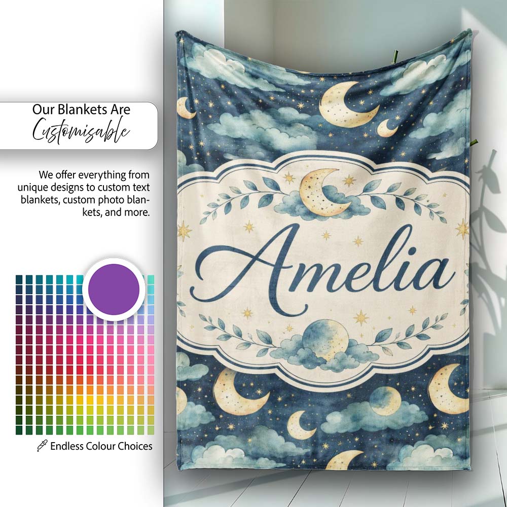 Golden Moon and Celestial Watercolor Night Sky Seamless Pattern Personalised Custom Name Super Soft Fleece Blanket Bed Sofa Throw