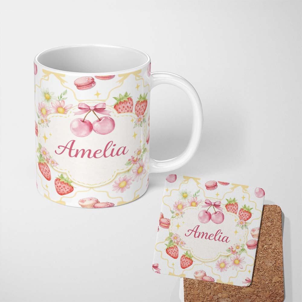 Personalized Custom Name Strawberry Cherry Daisy White Yellow Outline Cute Coquette Floral 11oz Ceramic Coffee Tea Mug White Large Handle