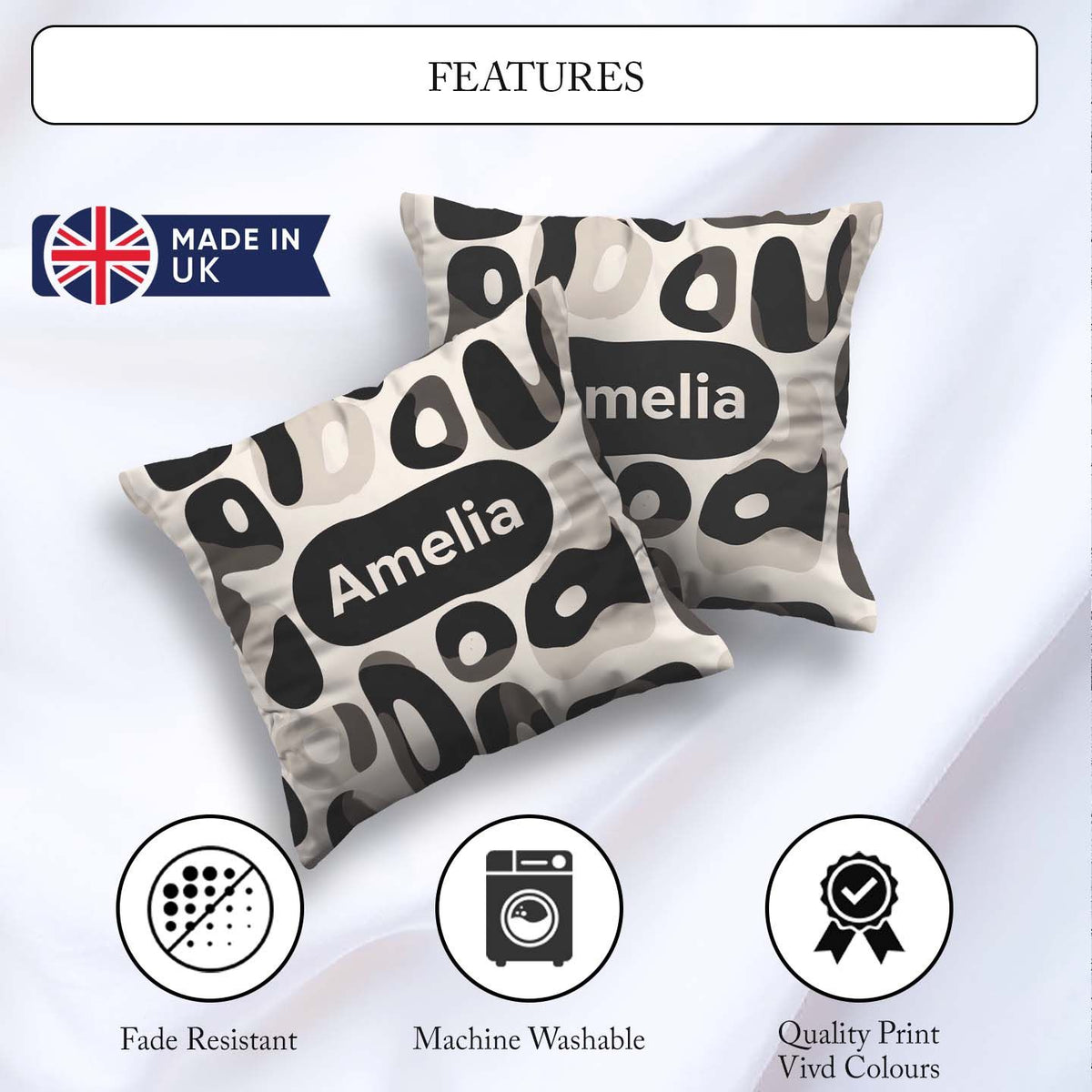 Custom Name Soft Rounded Shapes Black Minimal Abstract Pattern Square Filled Cushion Throw Pillow Sofa Bed Home Decor Zip Washable UK Made