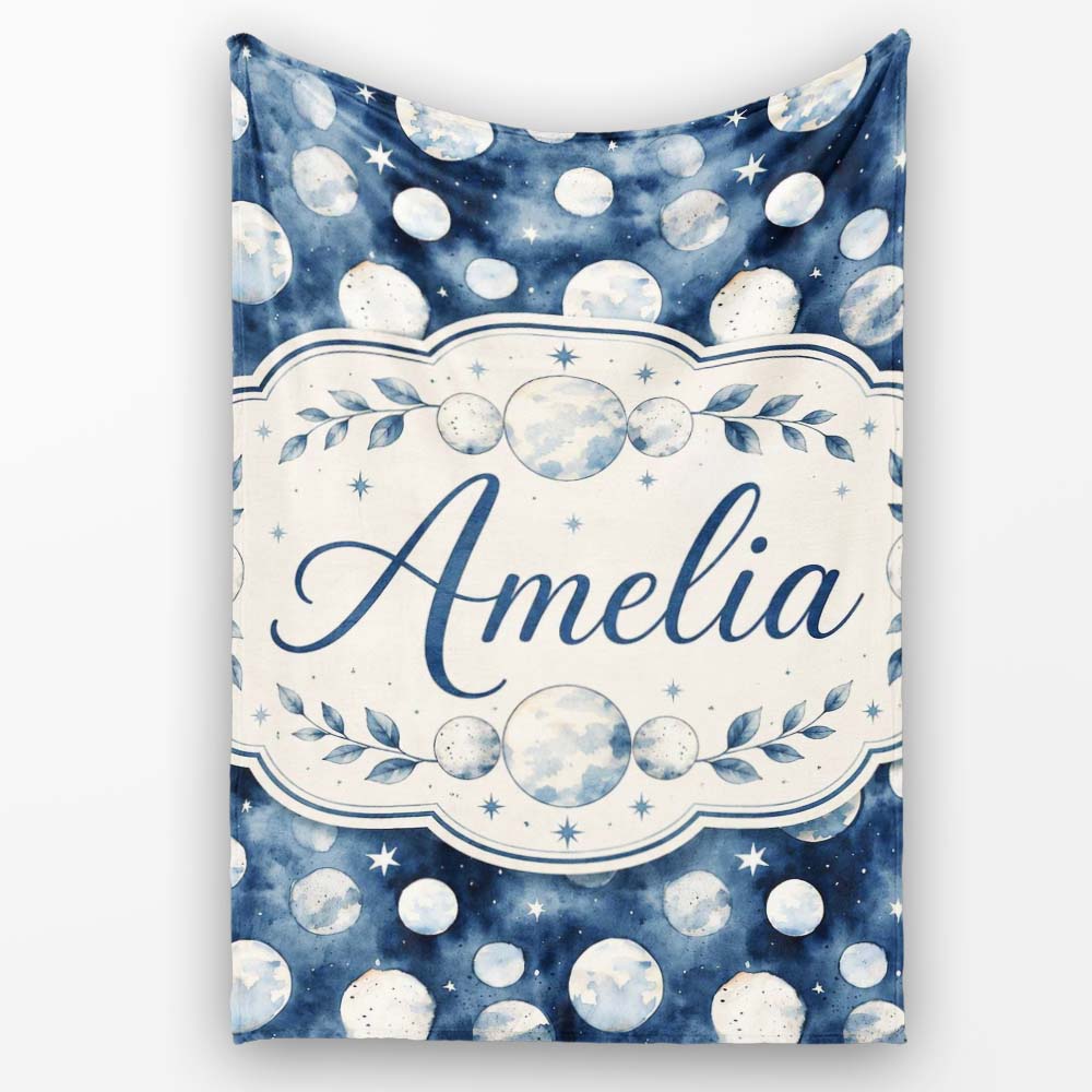 Blue Galaxy Moon Phases and Stars Seamless Pattern Cute Unique Gift Personalised Custom Name Super Soft Fleece Blanket Bed Sofa Throw