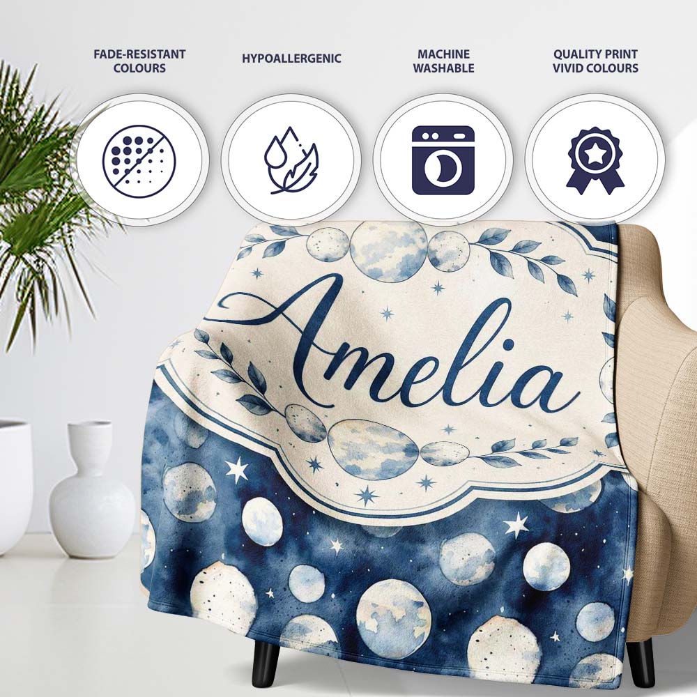Blue Galaxy Moon Phases and Stars Seamless Pattern Cute Unique Gift Personalised Custom Name Super Soft Fleece Blanket Bed Sofa Throw