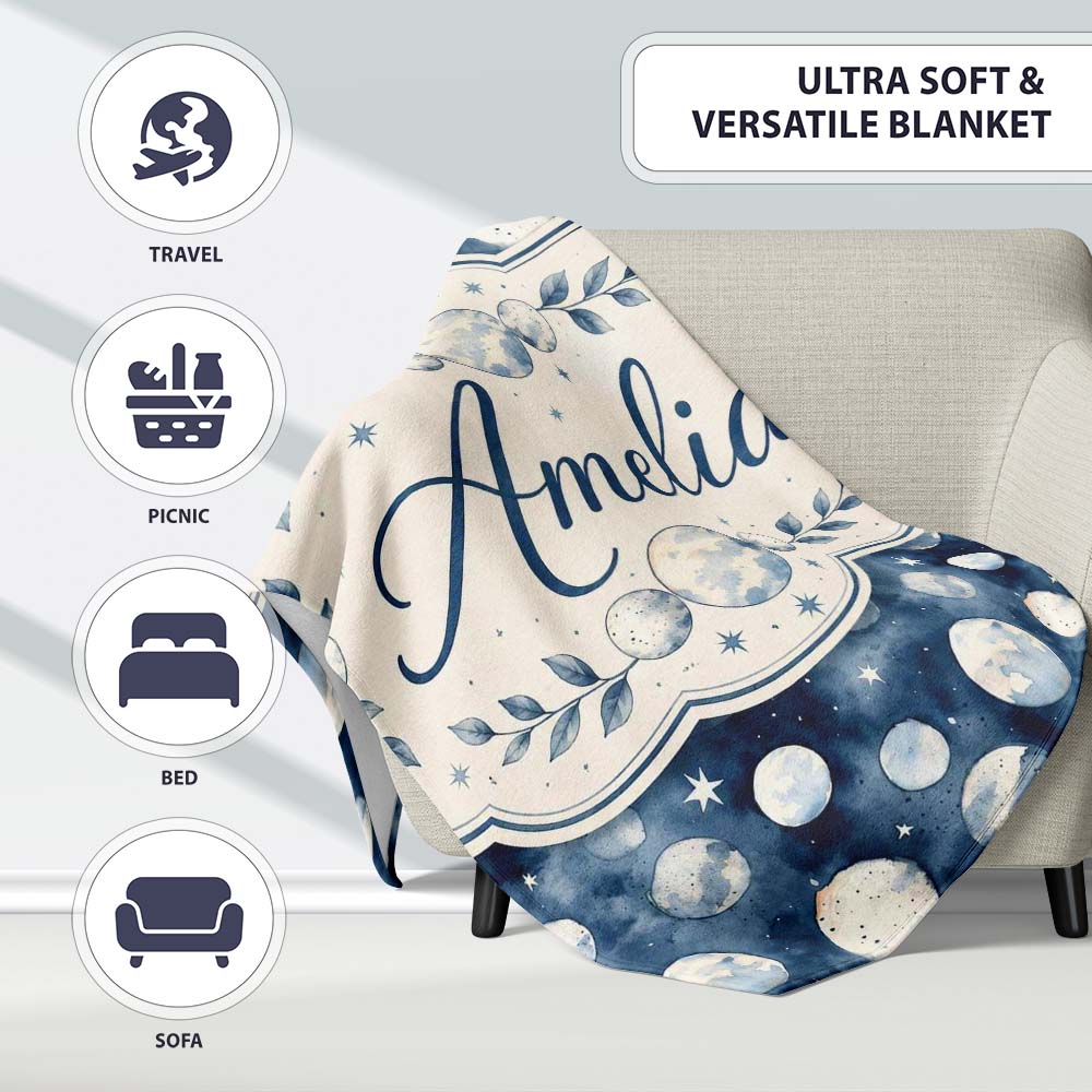 Blue Galaxy Moon Phases and Stars Seamless Pattern Cute Unique Gift Personalised Custom Name Super Soft Fleece Blanket Bed Sofa Throw