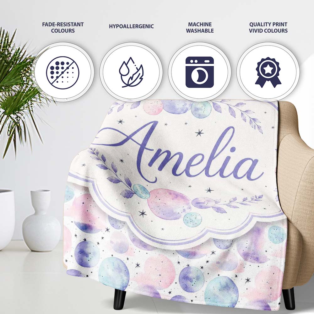 Soft Pastel Galaxy Circles and Stars Seamless Pattern Lovely Personalised Custom Name Super Soft Fleece Blanket Bed Sofa Throw