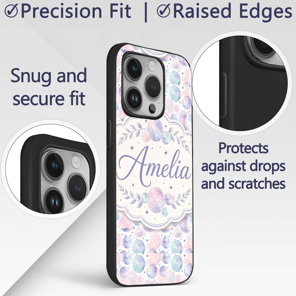 Soft Pastel Galaxy Circles and Stars Seamless Custom Name Protective Phone Case Mobile Cover Durable Everyday Smartphone Shock Resistant