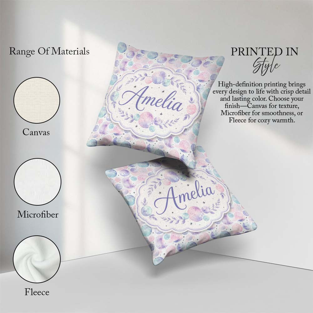 Custom Name Soft Pastel Galaxy Circles and Stars Seamless Lovely Square Filled Cushion Throw Pillow Sofa Bed Home Decor Zip Washable UK Made