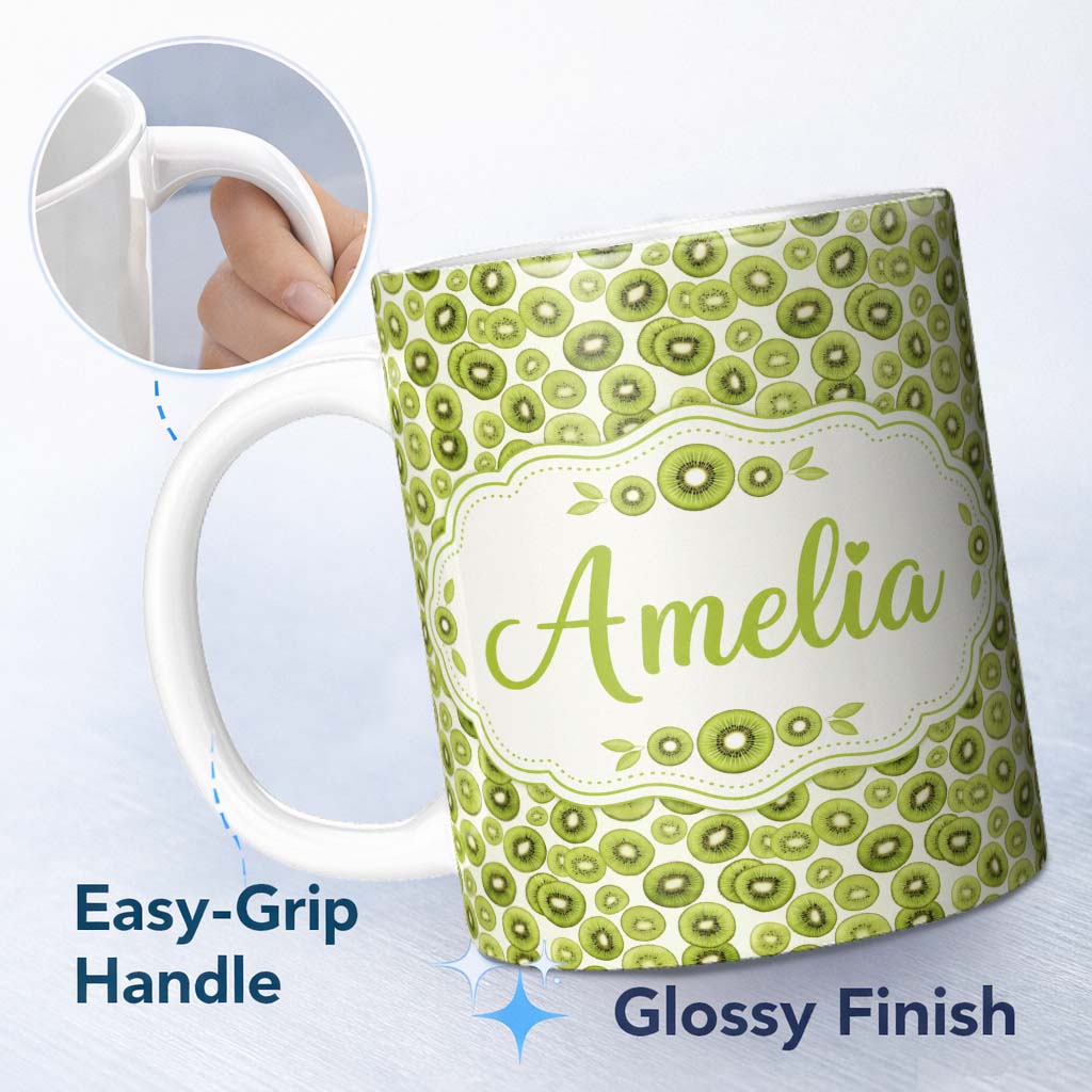 Personalized Custom Name Realistic Kiwi Slice Scatter Seamless Pattern on Cream Background 11oz Ceramic Coffee Tea Mug White Large Handle