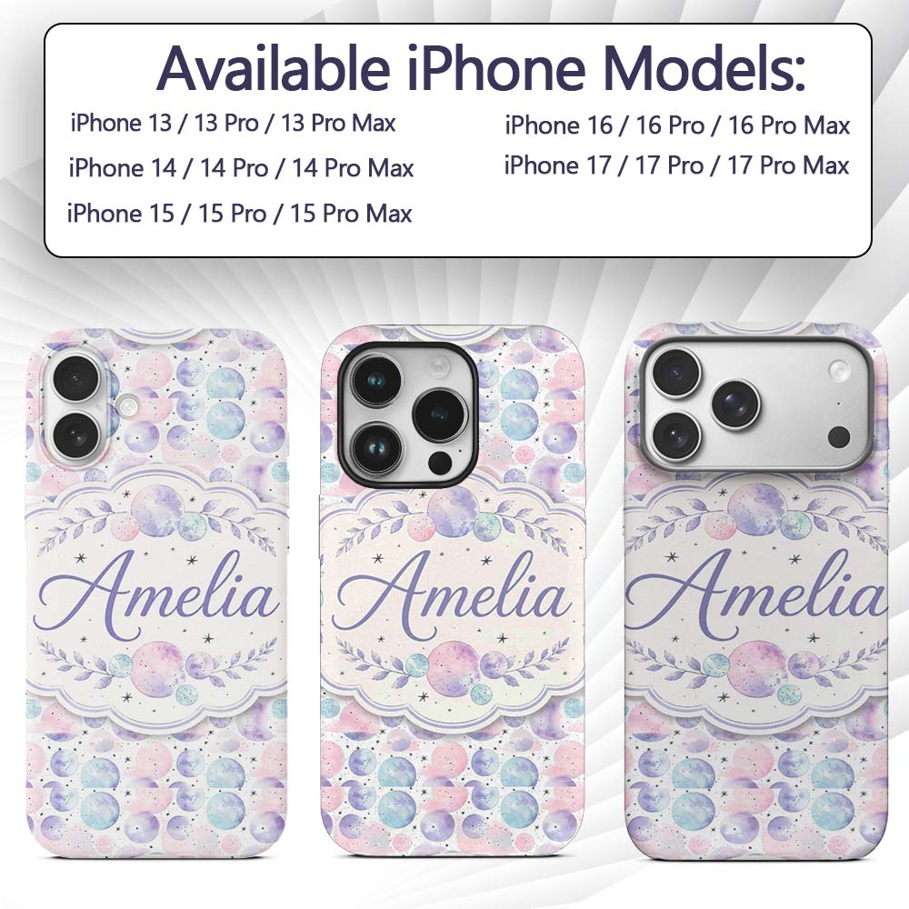 Soft Pastel Galaxy Circles and Stars Seamless Custom Name Protective Phone Case Mobile Cover Durable Everyday Smartphone Shock Resistant