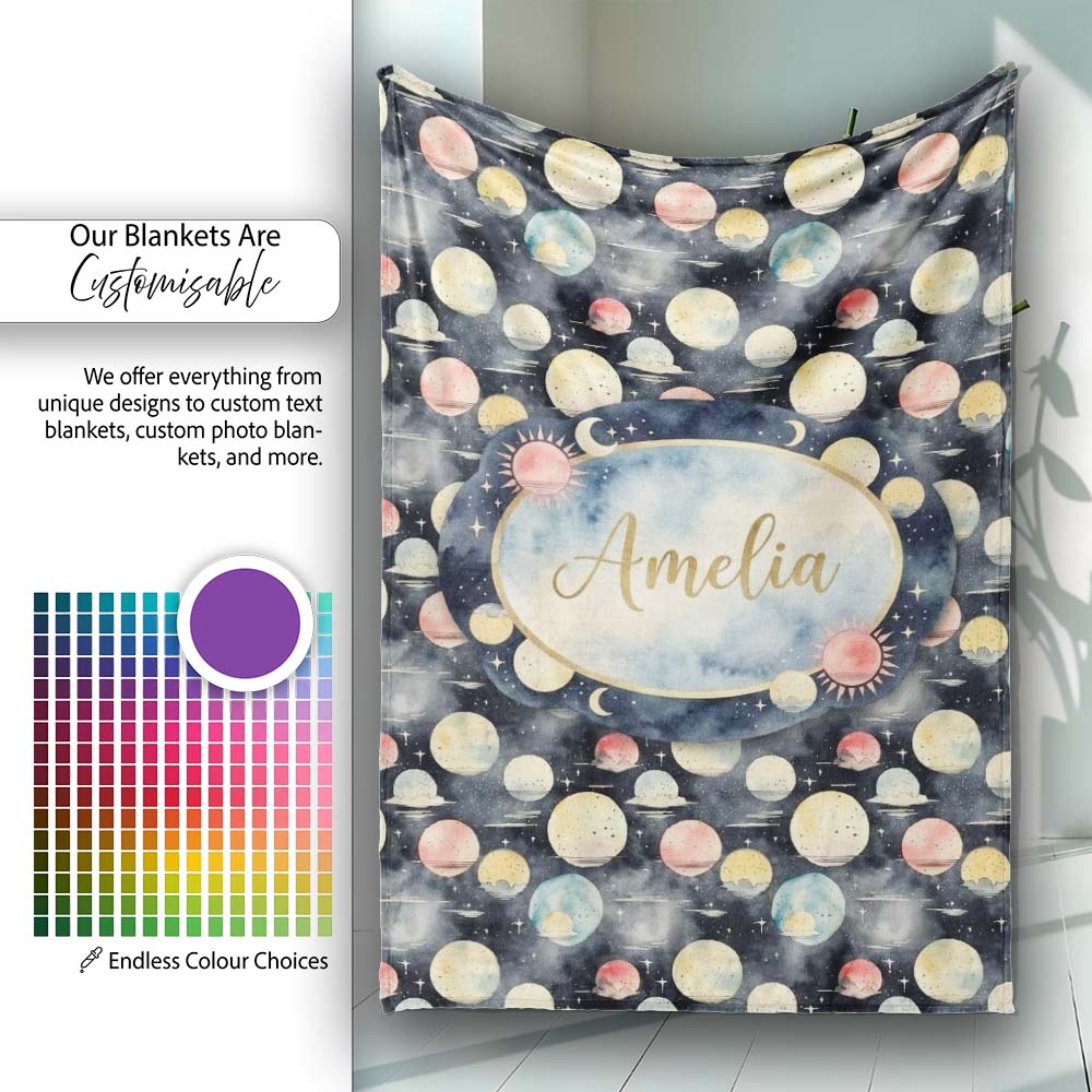 Colorful Planet Space Galaxy Seamless Pattern Cute Unique Gift Personalised Custom Name Super Soft Fleece Blanket Bed Sofa Throw