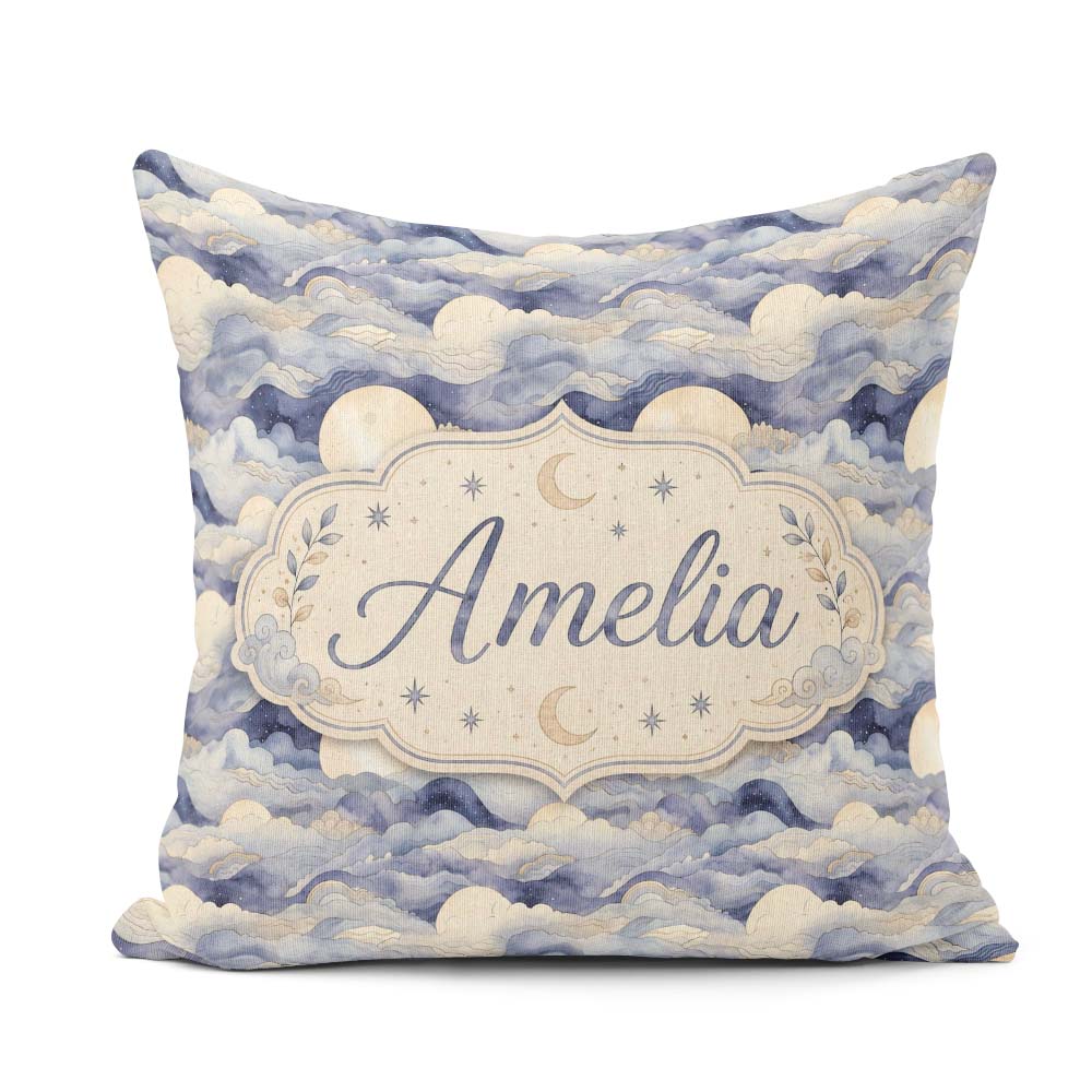 Custom Name Layered Clouds and Moon Dreamscape Seamless Pattern Square Filled Cushion Throw Pillow Sofa Bed Home Decor Zip Washable UK Made