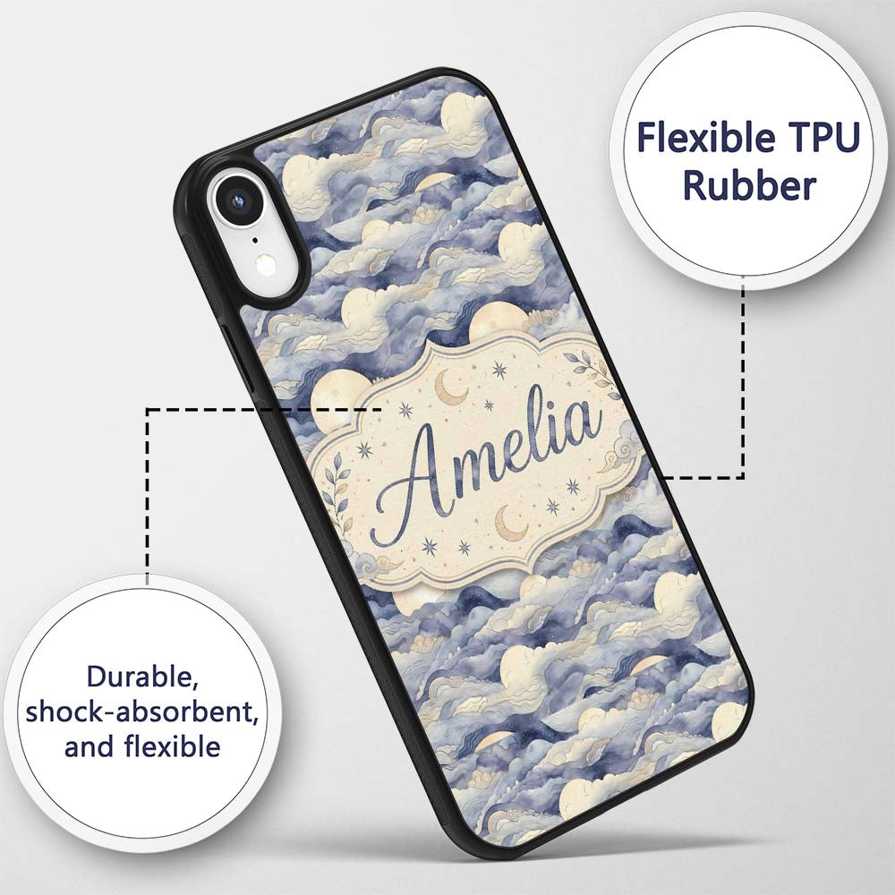 Layered Clouds and Moon Dreamscape Printed Design Custom Name Protective Phone Case Mobile Cover Durable Everyday Smartphone Shock Resistant