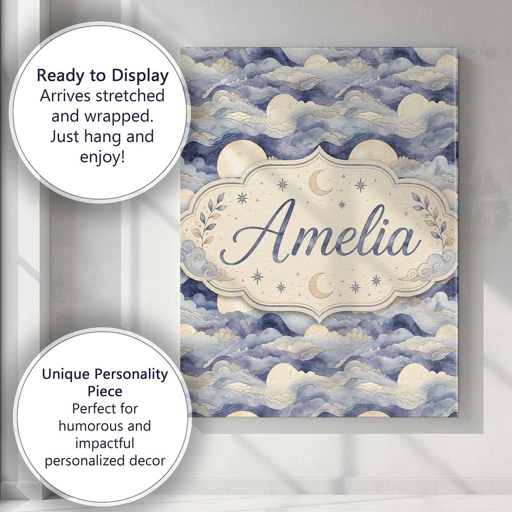 Personalised Name Layered Clouds and Moon Custom Unique Gift Idea Elegant Feature Canvas Wall Art Print Decor Picture Ready to Hang