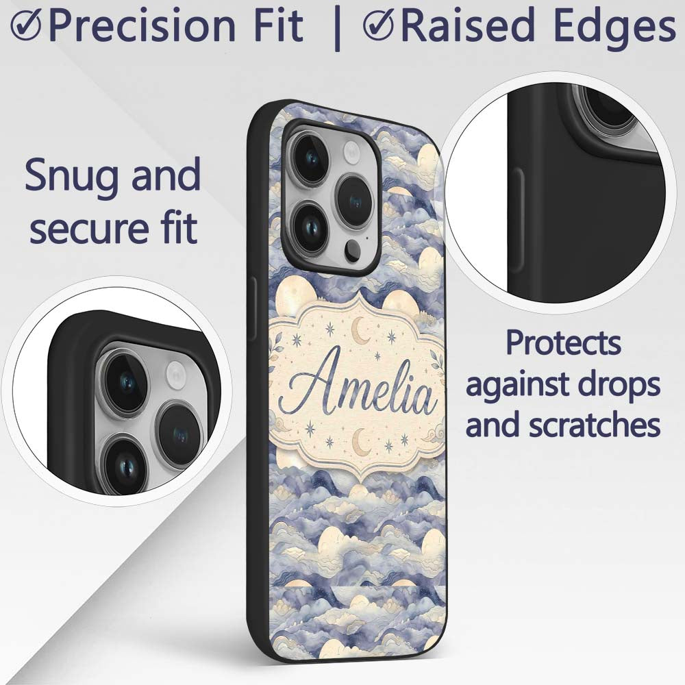 Layered Clouds and Moon Dreamscape Printed Design Custom Name Protective Phone Case Mobile Cover Durable Everyday Smartphone Shock Resistant