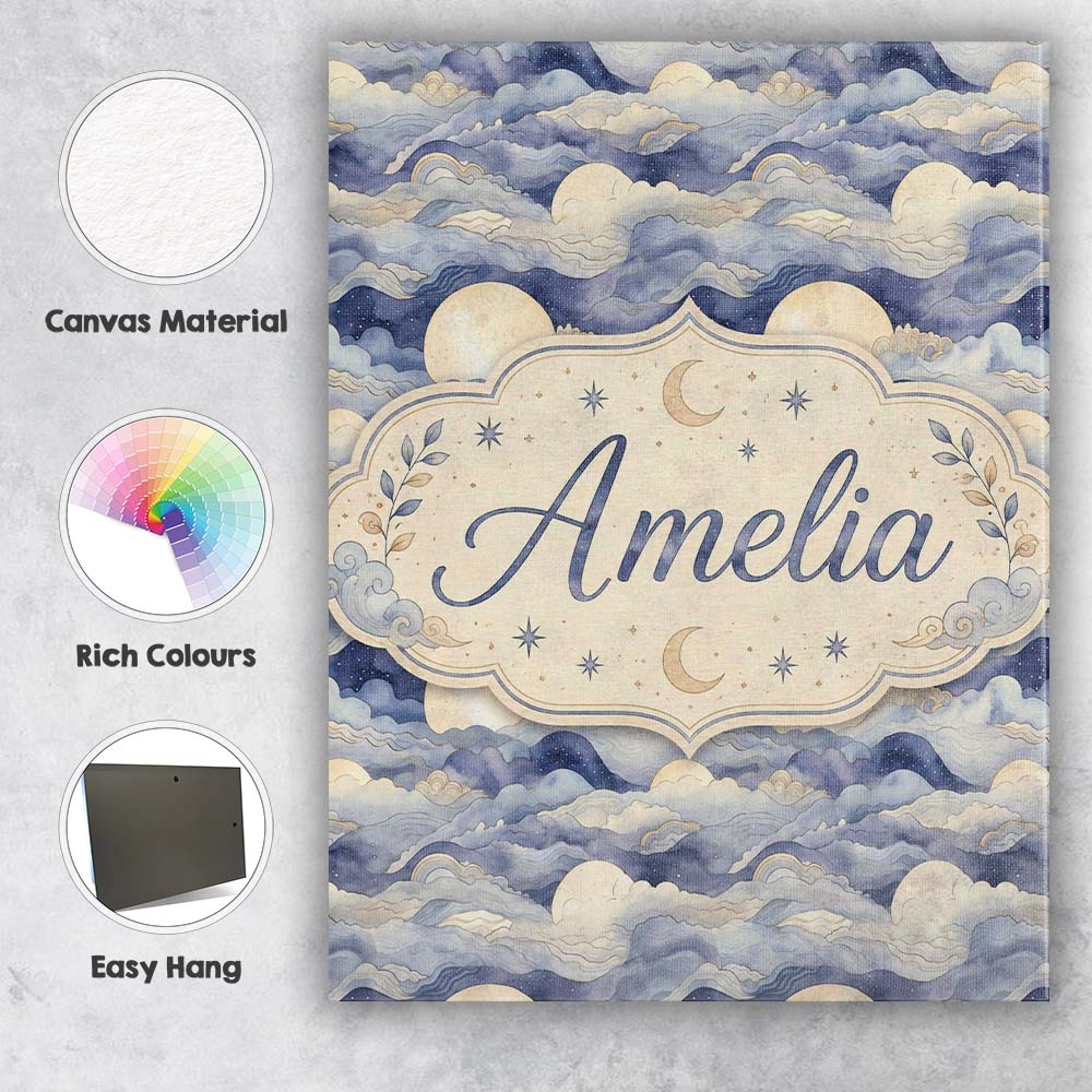 Personalised Name Layered Clouds and Moon Custom Unique Gift Idea Elegant Feature Canvas Wall Art Print Decor Picture Ready to Hang