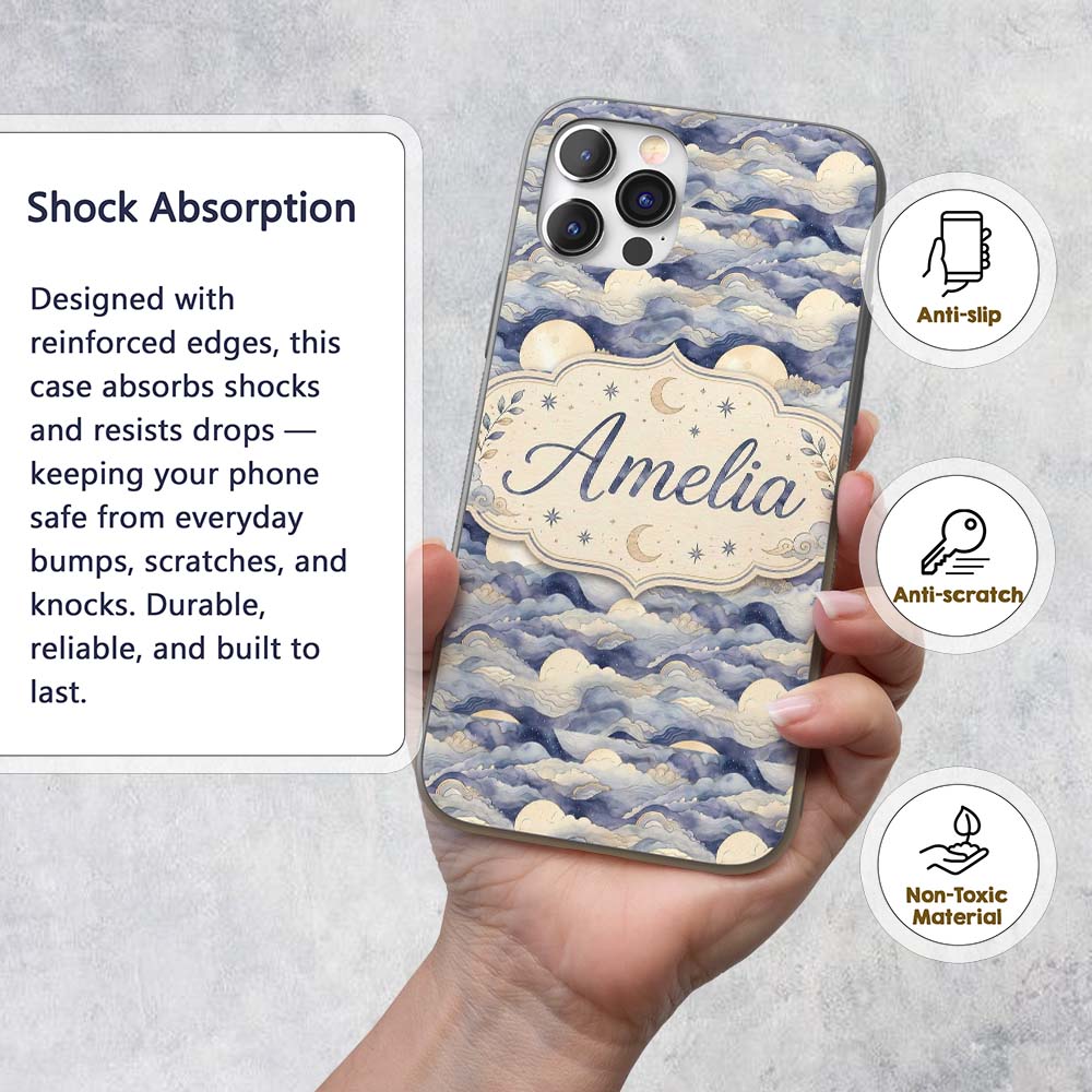 Layered Clouds and Moon Dreamscape Printed Design Custom Name Protective Phone Case Mobile Cover Durable Everyday Smartphone Shock Resistant