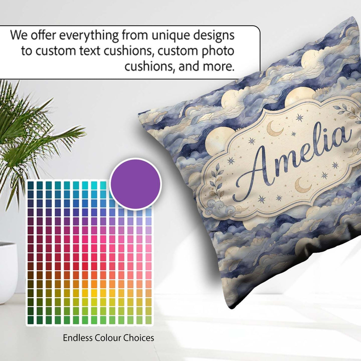 Custom Name Layered Clouds and Moon Dreamscape Seamless Pattern Square Filled Cushion Throw Pillow Sofa Bed Home Decor Zip Washable UK Made
