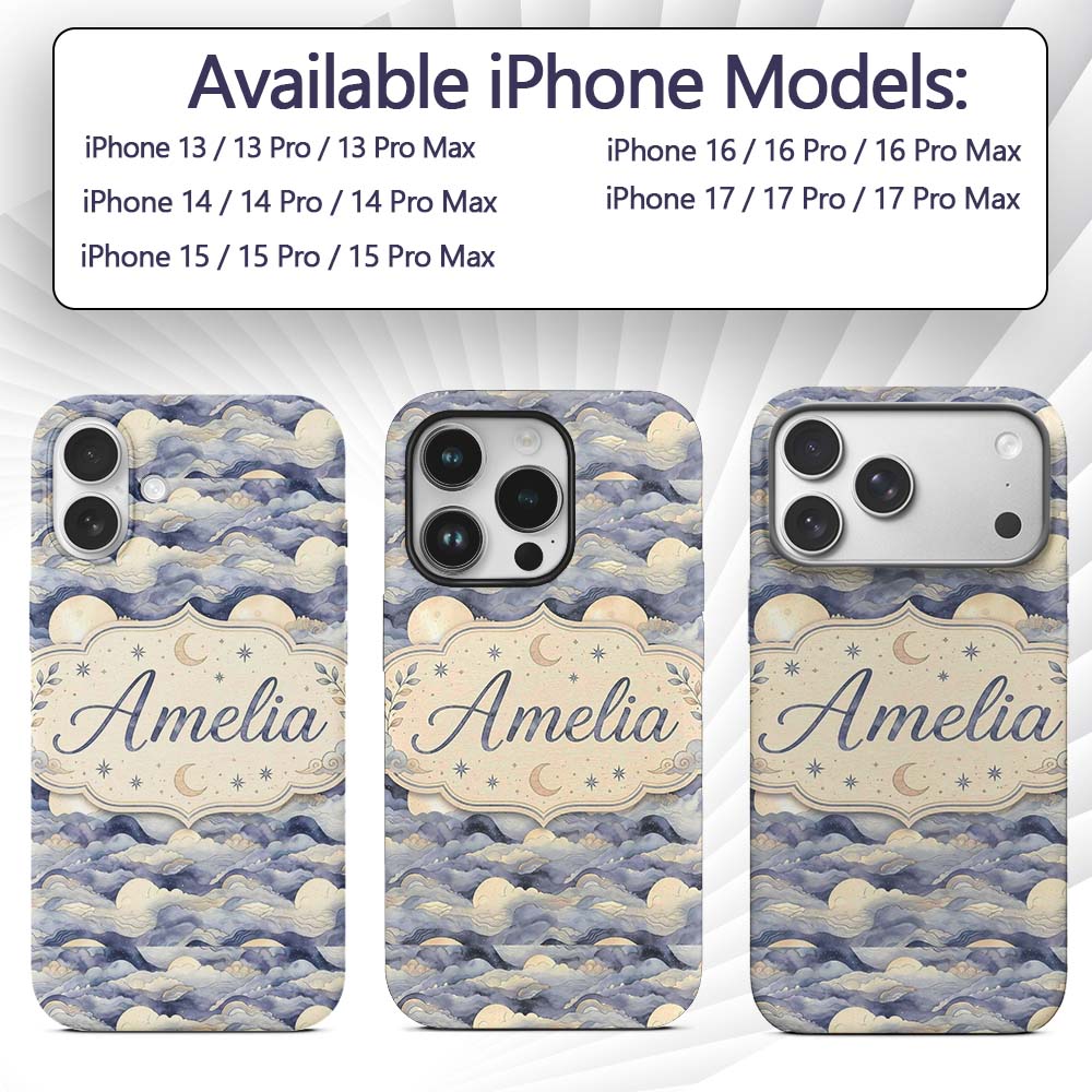 Layered Clouds and Moon Dreamscape Printed Design Custom Name Protective Phone Case Mobile Cover Durable Everyday Smartphone Shock Resistant
