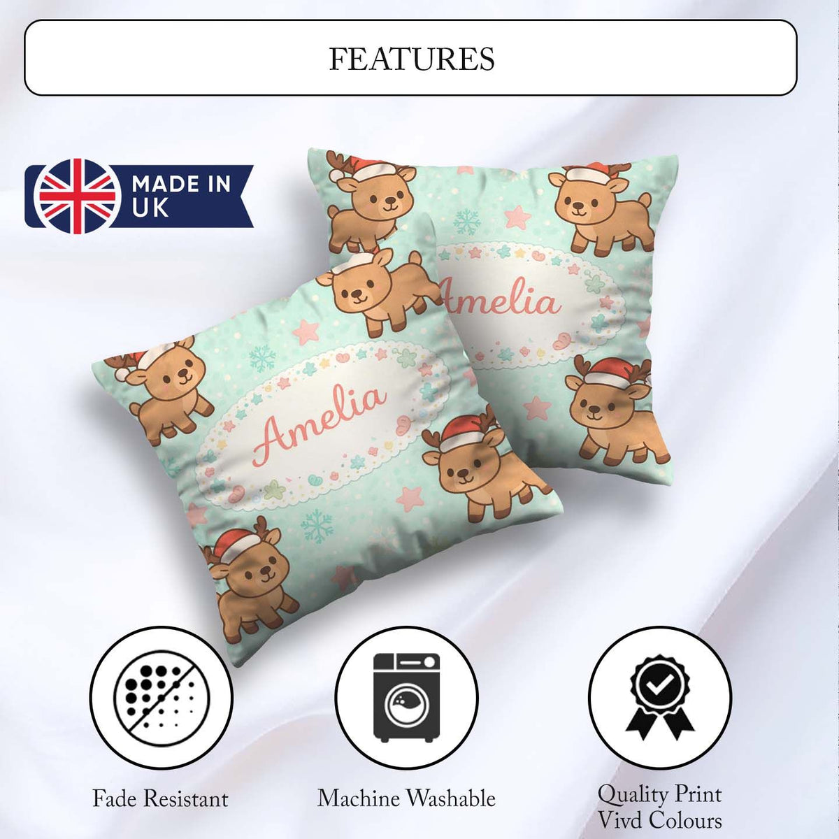 Custom Name Cute Christmas Reindeer Cartoon Animal Pattern for Square Filled Cushion Throw Pillow Sofa Bed Home Decor Zip Washable UK Made