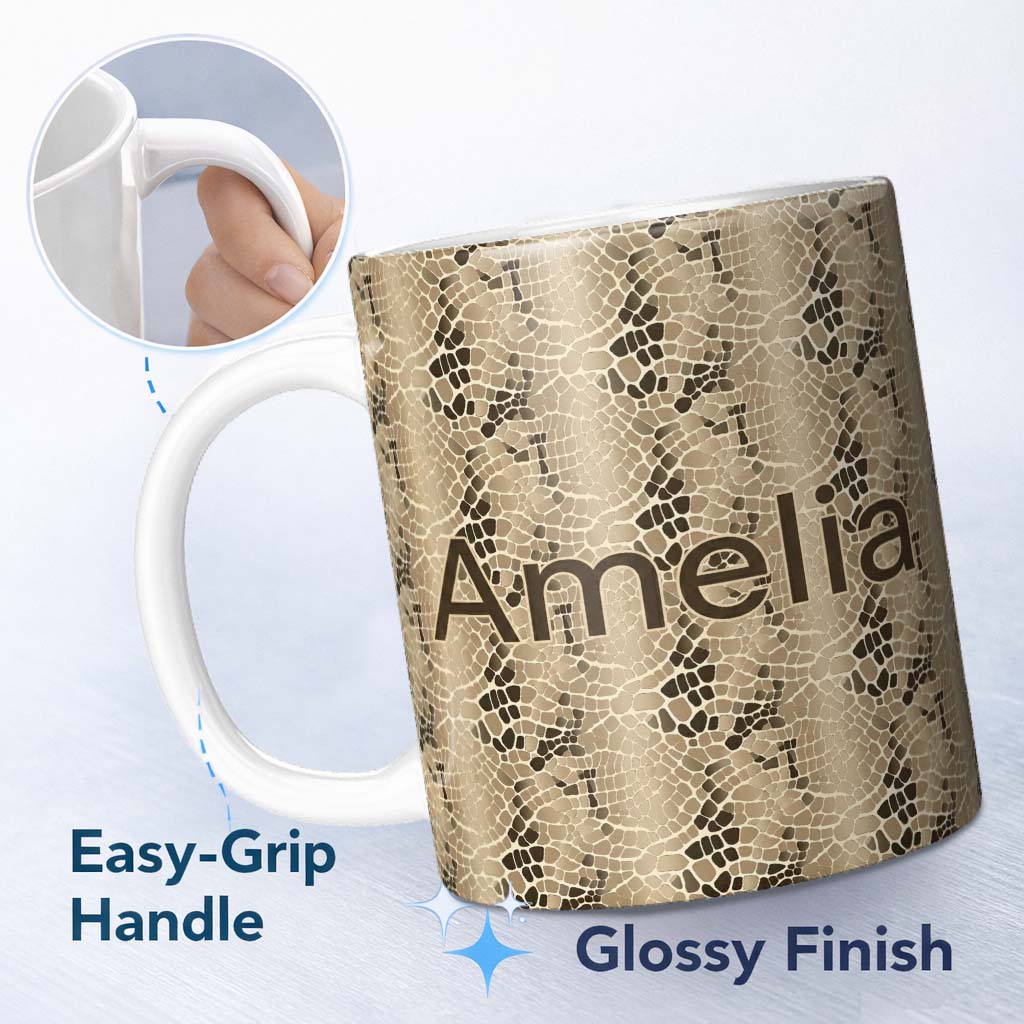 Personalized Custom Name Natural Sand Crocodile Texture Pattern Soft Neutral Design Lovely 11oz Ceramic Coffee Tea Mug White Large Handle