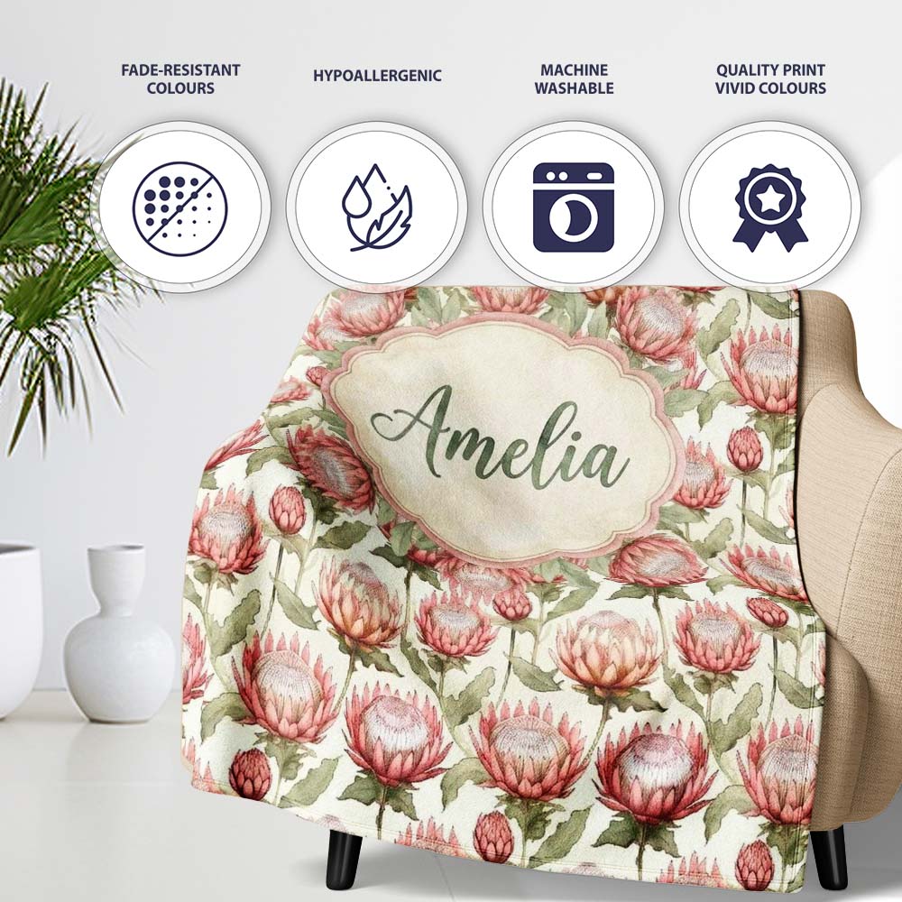 Vintage Protea Floral Botanical Illustration Seamless Pattern Lovely Personalised Custom Name Super Soft Fleece Blanket Bed Sofa Throw