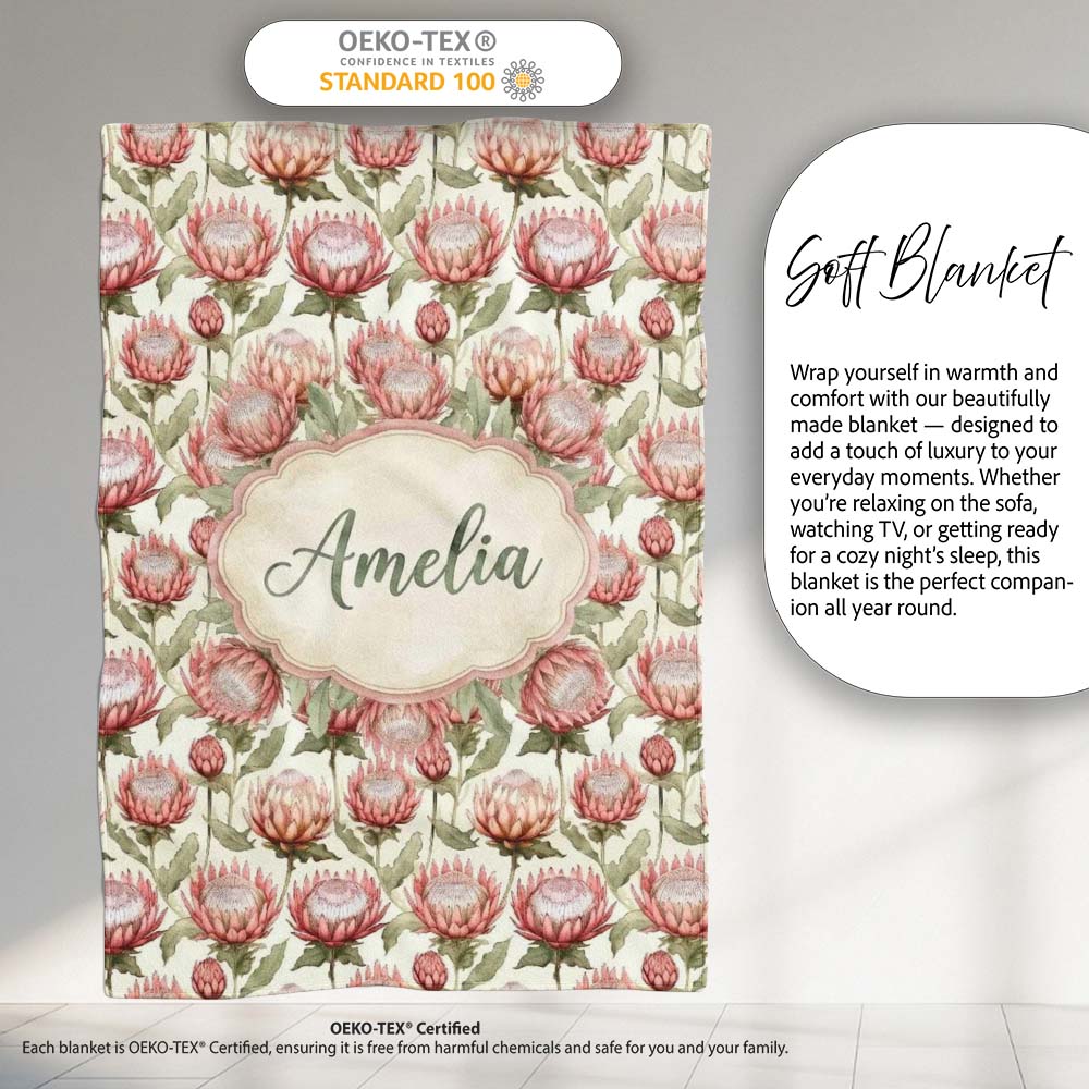 Vintage Protea Floral Botanical Illustration Seamless Pattern Lovely Personalised Custom Name Super Soft Fleece Blanket Bed Sofa Throw