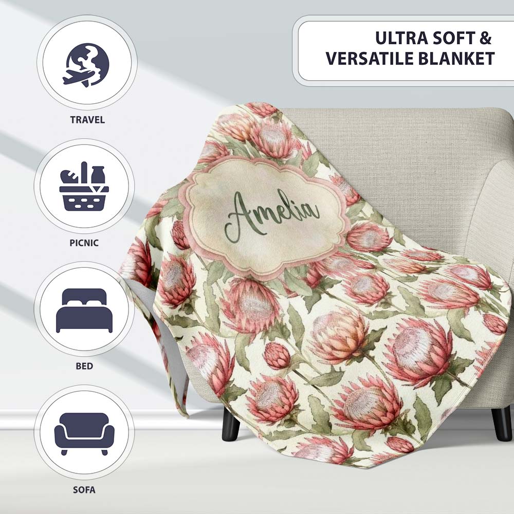 Vintage Protea Floral Botanical Illustration Seamless Pattern Lovely Personalised Custom Name Super Soft Fleece Blanket Bed Sofa Throw