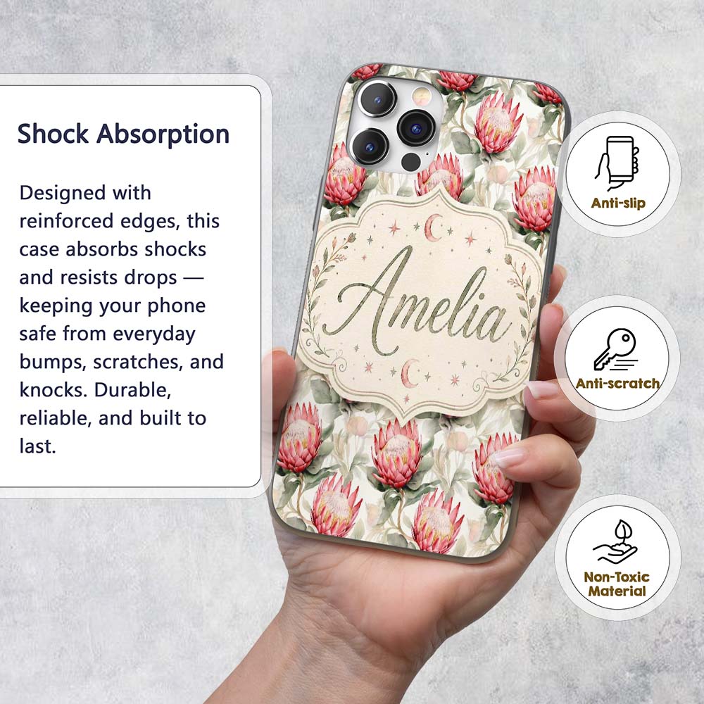 Soft Pink Protea Blooms Watercolor Printed Design Custom Name Protective Phone Case Mobile Cover Durable Everyday Smartphone Shock Resistant
