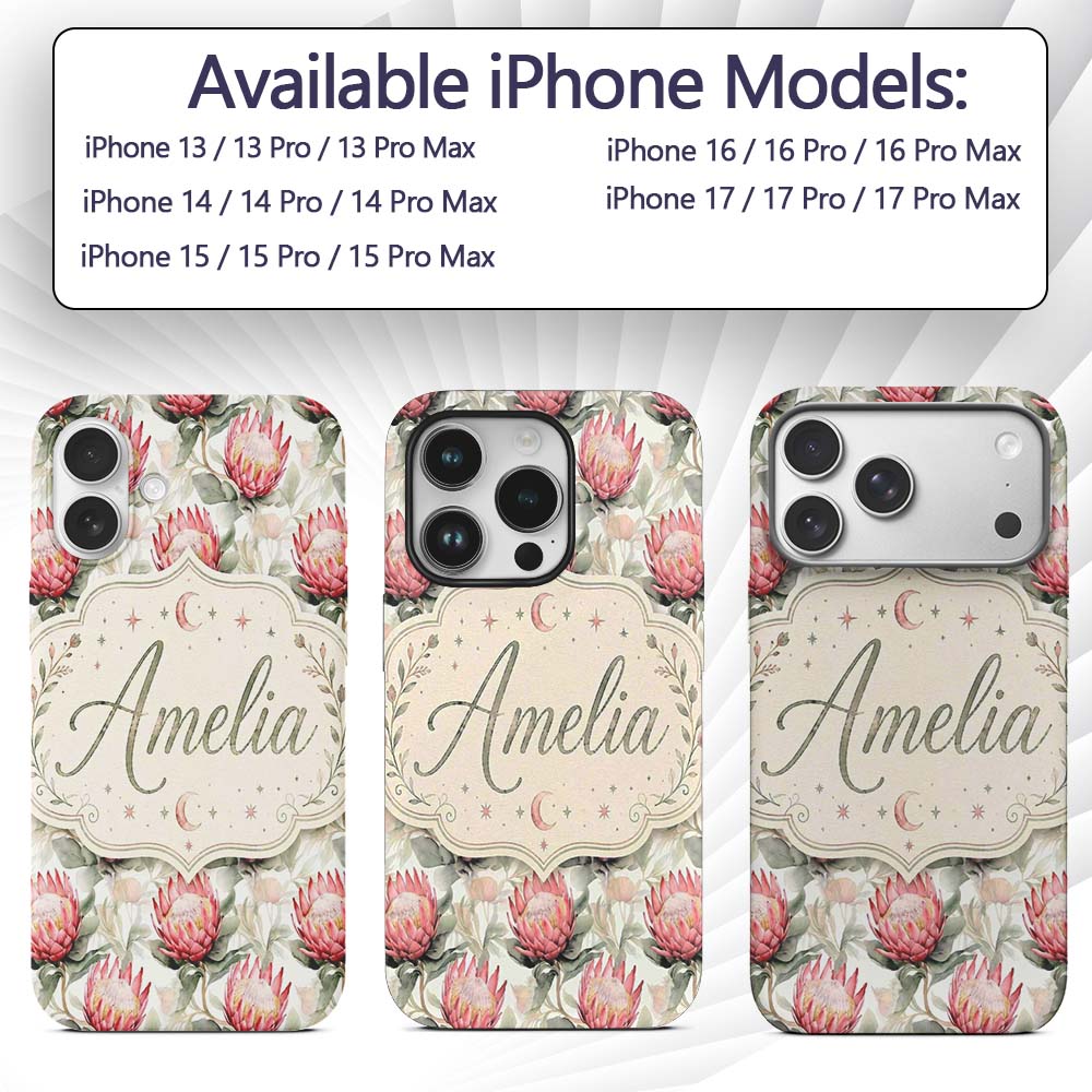 Soft Pink Protea Blooms Watercolor Printed Design Custom Name Protective Phone Case Mobile Cover Durable Everyday Smartphone Shock Resistant