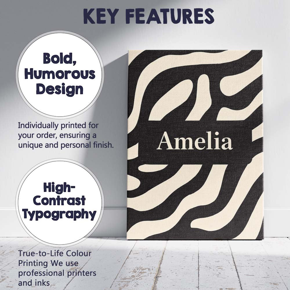 Personalised Name Fluid Zebra Waves Black Cream Organic Stripe Custom Modern Room Accent Canvas Wall Art Print Decor Picture Ready to Hang