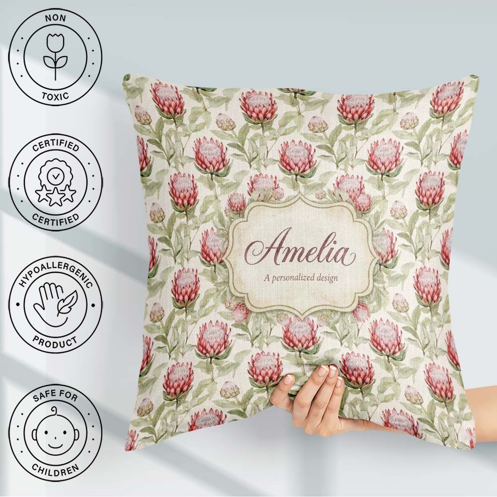 Custom Name Delicate Protea Flower Botanical Seamless Pattern Square Filled Cushion Throw Pillow Sofa Bed Home Decor Zip Washable UK Made