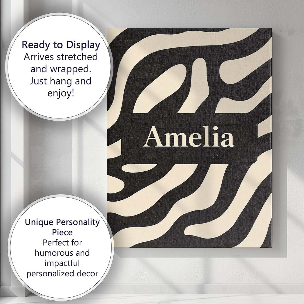 Personalised Name Fluid Zebra Waves Black Cream Organic Stripe Custom Modern Room Accent Canvas Wall Art Print Decor Picture Ready to Hang