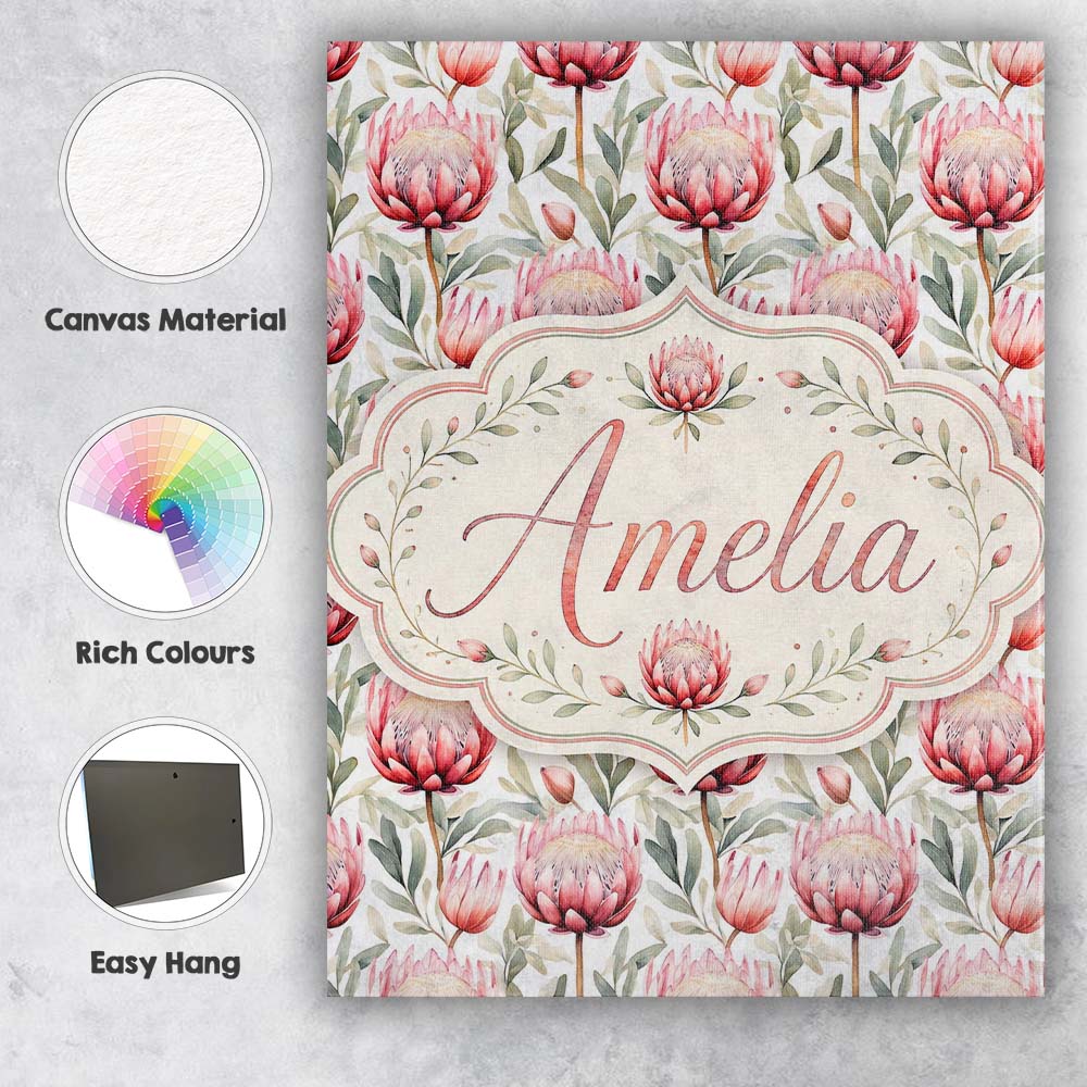 Personalised Name Elegant Protea Floral Custom Unique Gift Idea Modern Room Accent Canvas Wall Art Print Decor Picture Ready to Hang