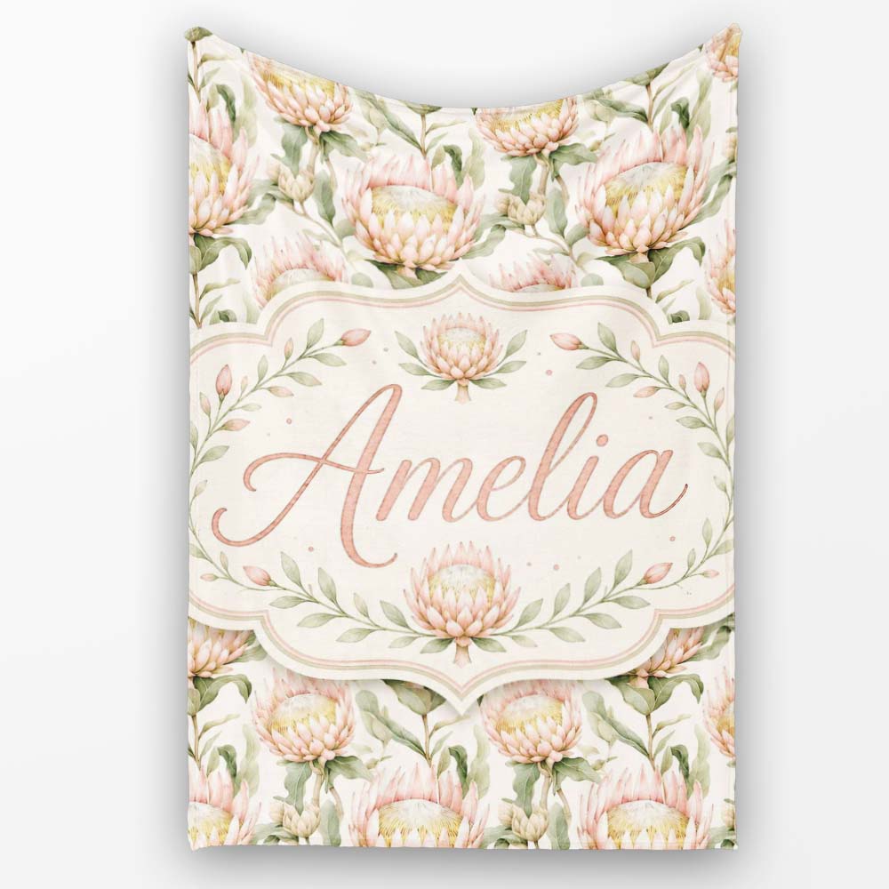 Soft Blush Protea Flowers and Green Leaves Seamless Pattern Lovely Personalised Custom Name Super Soft Fleece Blanket Bed Sofa Throw