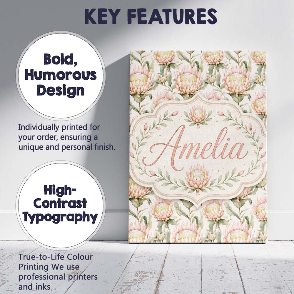 Personalised Name Soft Blush Protea Flowers Custom Bespoke Interior Contemporary Canvas Wall Art Print Decor Picture Ready to Hang