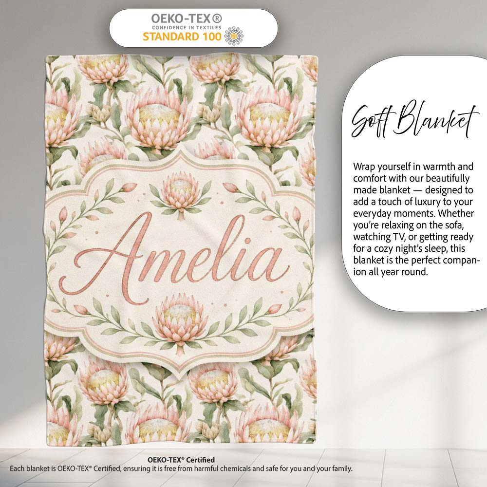 Soft Blush Protea Flowers and Green Leaves Seamless Pattern Lovely Personalised Custom Name Super Soft Fleece Blanket Bed Sofa Throw