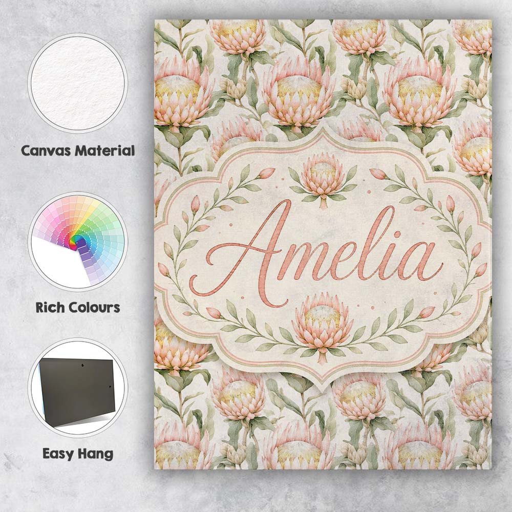 Personalised Name Soft Blush Protea Flowers Custom Bespoke Interior Contemporary Canvas Wall Art Print Decor Picture Ready to Hang