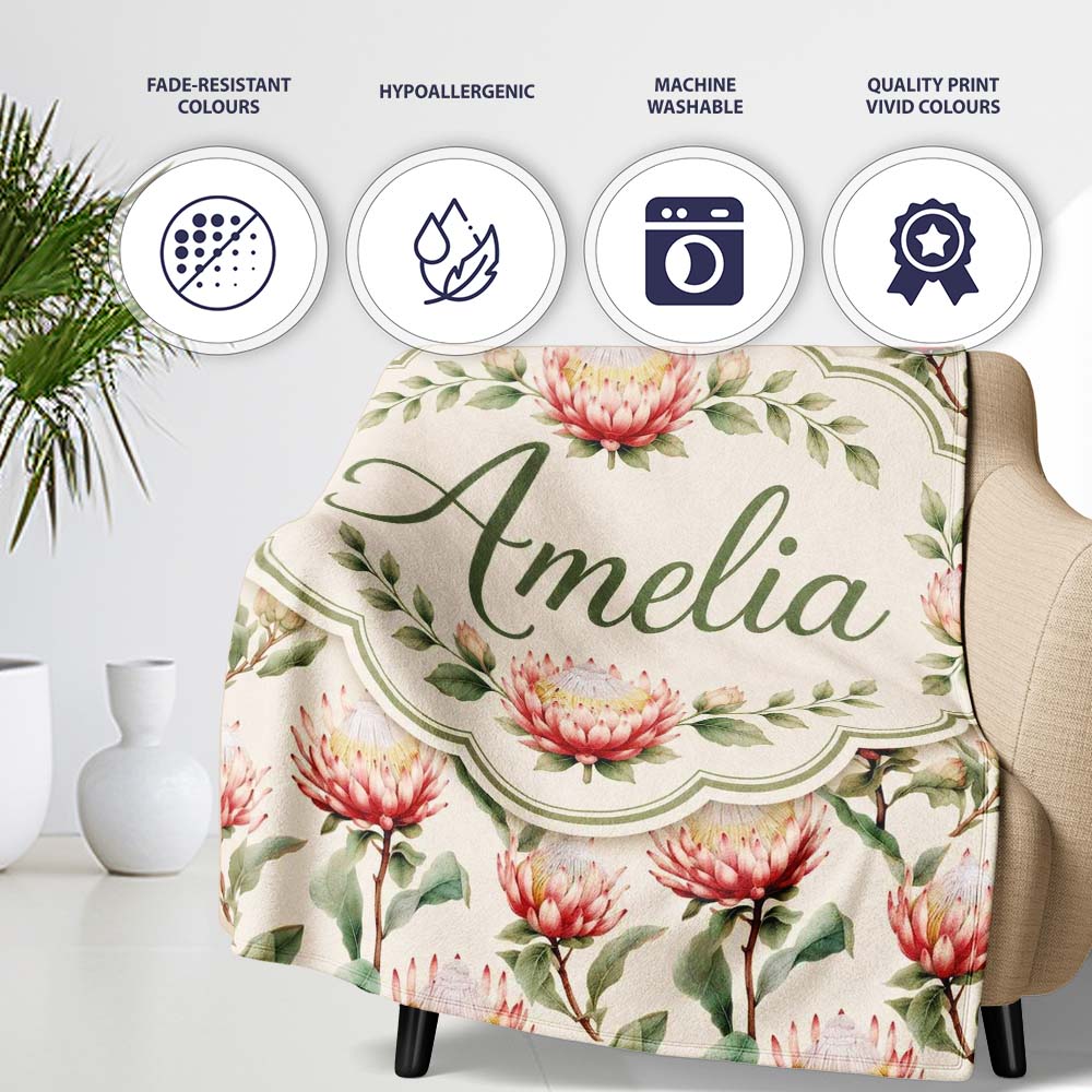 Elegant Pink Protea Botanical Branches Seamless Pattern Lovely Personalised Custom Name Super Soft Fleece Blanket Bed Sofa Throw