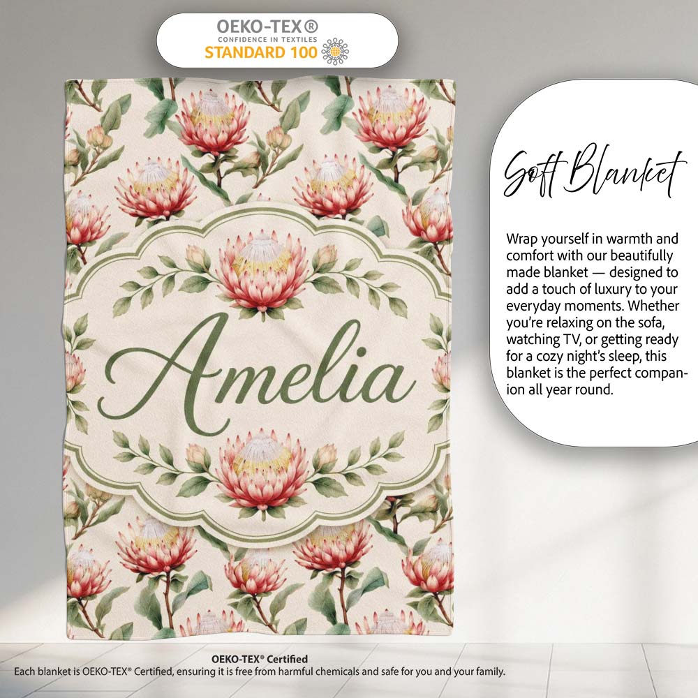 Elegant Pink Protea Botanical Branches Seamless Pattern Lovely Personalised Custom Name Super Soft Fleece Blanket Bed Sofa Throw