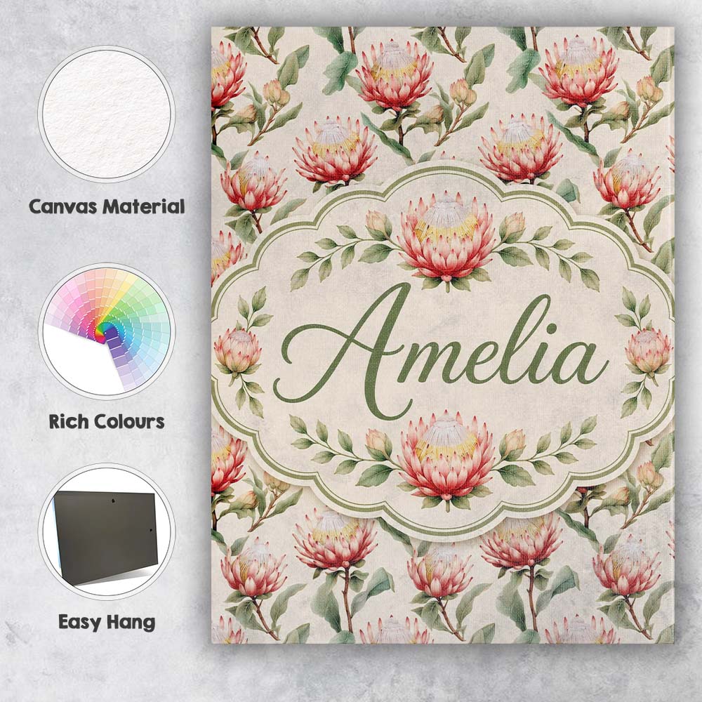 Personalised Name Elegant Pink Protea Custom Modern Room Accent Creative Decorator Style Canvas Wall Art Print Decor Picture Ready to Hang