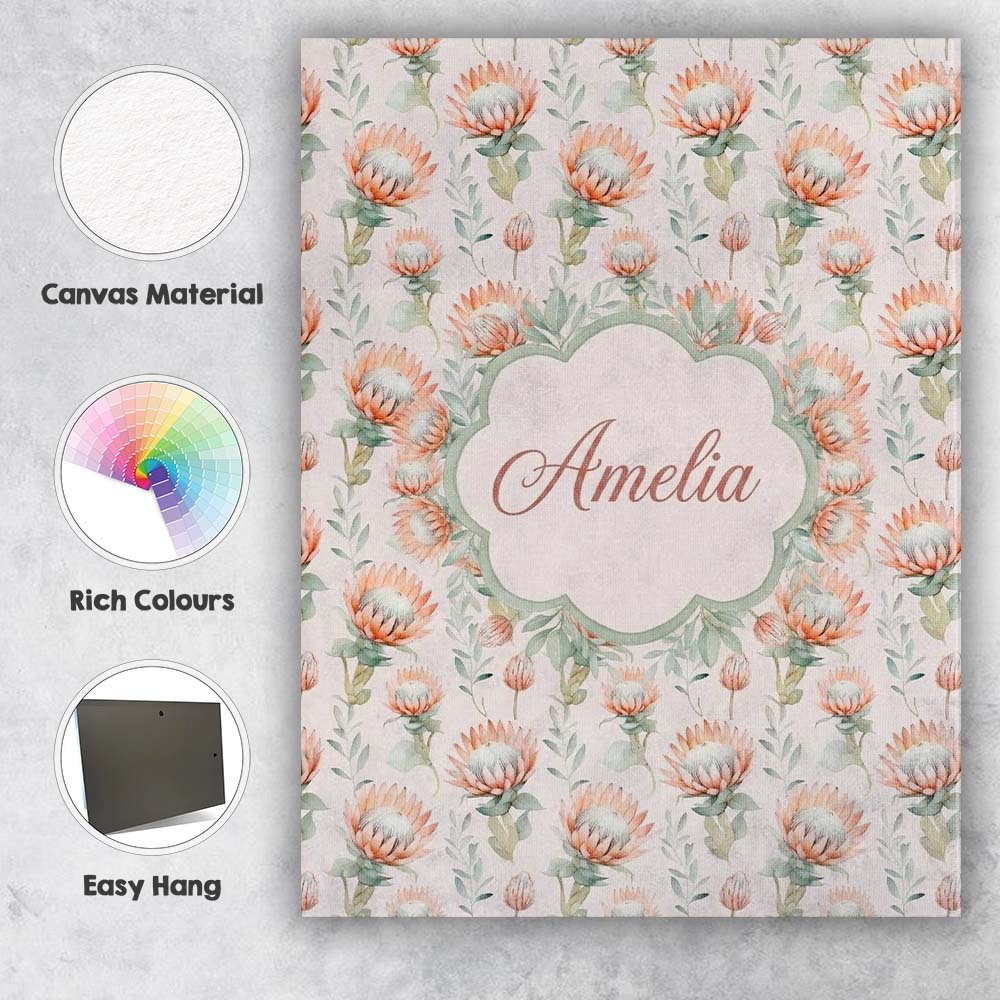 Personalised Name Pastel Protea Flowers Custom Modern Room Accent Elegant Feature Canvas Wall Art Print Decor Picture Ready to Hang