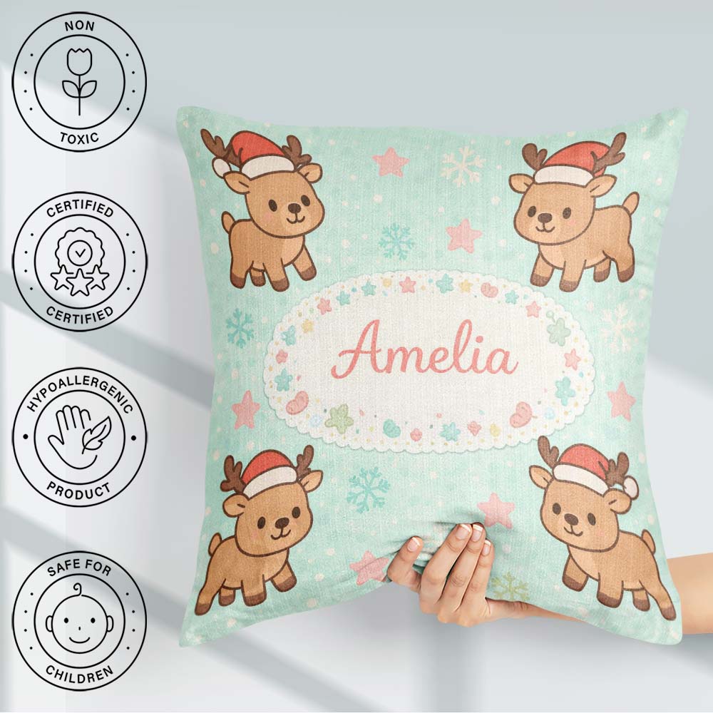 Custom Name Cute Christmas Reindeer Cartoon Animal Pattern for Square Filled Cushion Throw Pillow Sofa Bed Home Decor Zip Washable UK Made