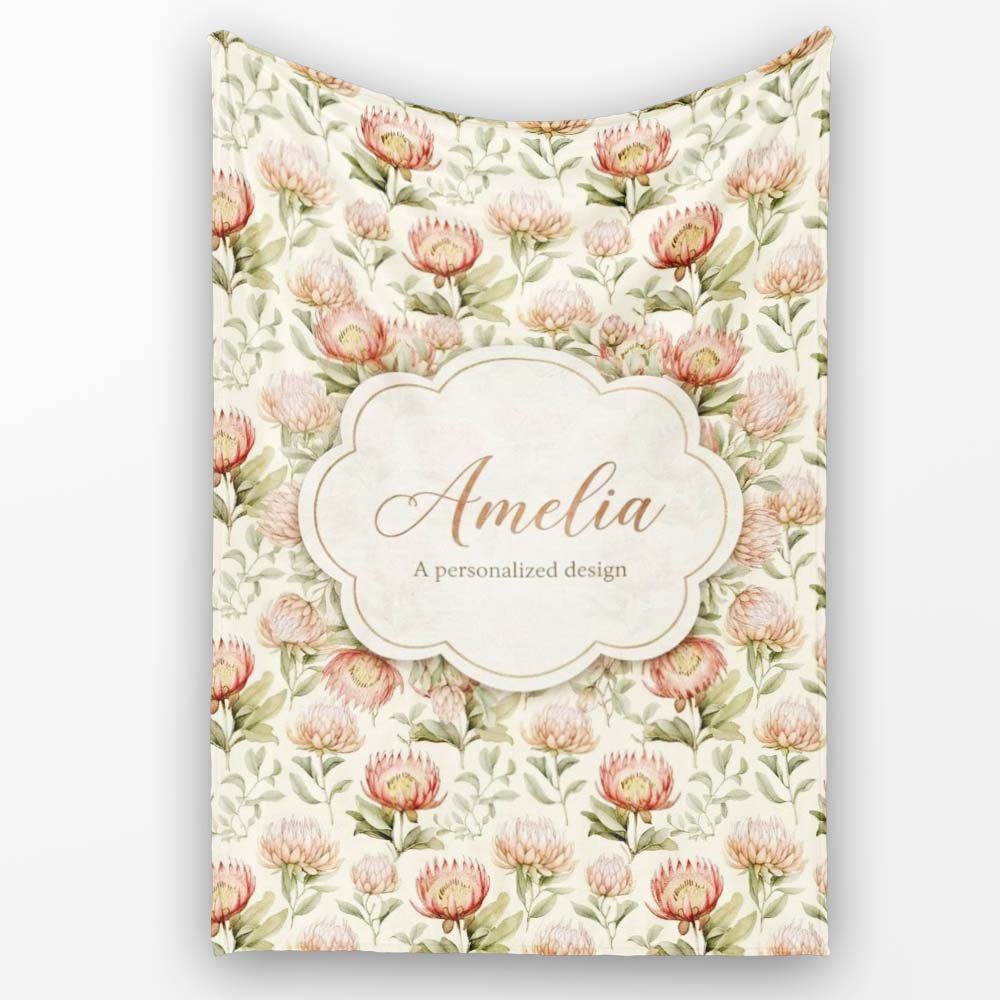 Vintage Protea Floral Garden Illustration Seamless Pattern Lovely Personalised Custom Name Super Soft Fleece Blanket Bed Sofa Throw