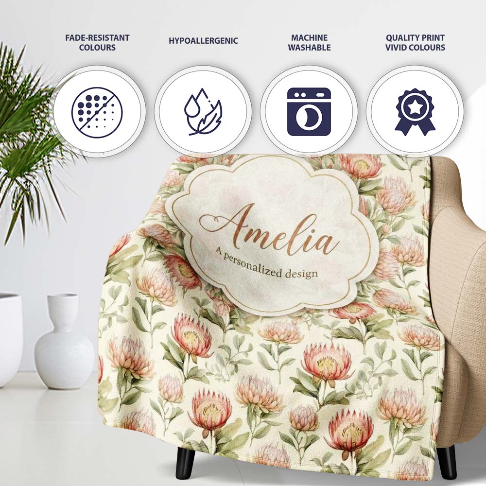 Vintage Protea Floral Garden Illustration Seamless Pattern Lovely Personalised Custom Name Super Soft Fleece Blanket Bed Sofa Throw