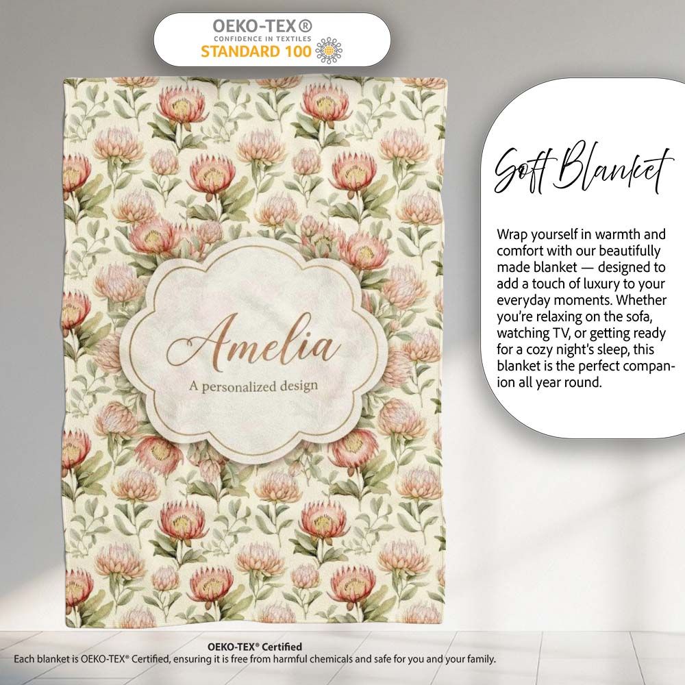 Vintage Protea Floral Garden Illustration Seamless Pattern Lovely Personalised Custom Name Super Soft Fleece Blanket Bed Sofa Throw