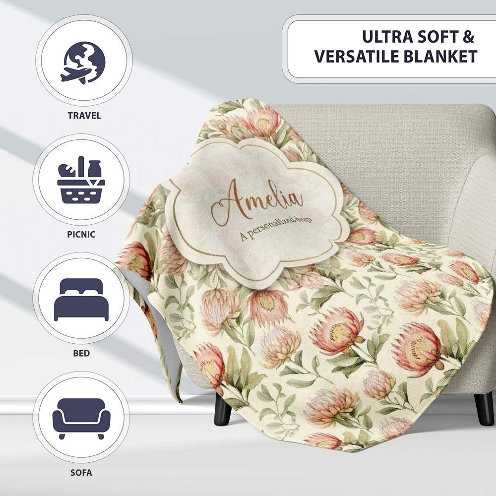Vintage Protea Floral Garden Illustration Seamless Pattern Lovely Personalised Custom Name Super Soft Fleece Blanket Bed Sofa Throw