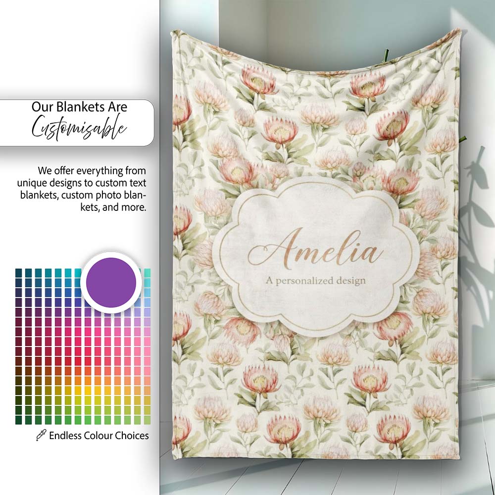 Vintage Protea Floral Garden Illustration Seamless Pattern Lovely Personalised Custom Name Super Soft Fleece Blanket Bed Sofa Throw