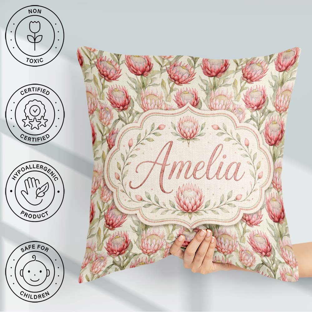 Custom Name Classic Pink Protea Blooms Foliage Seamless Pattern Square Filled Cushion Throw Pillow Sofa Bed Home Decor Zip Washable UK Made