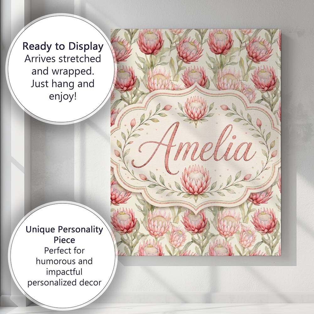 Personalised Name Classic Pink Protea Custom Modern Room Accent Creative Decorator Style Canvas Wall Art Print Decor Picture Ready to Hang