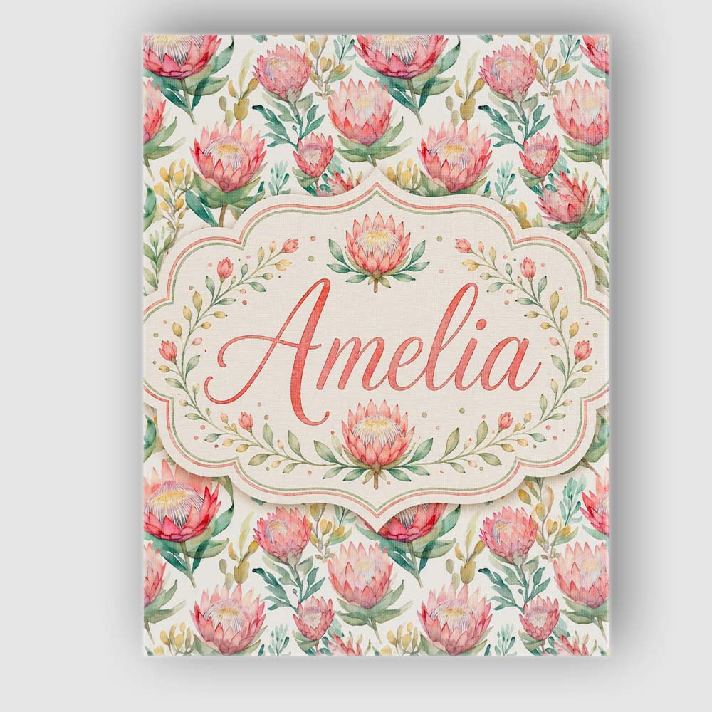 Personalised Name Delicate Protea Floral Custom Unique Gift Idea Elegant Feature Canvas Wall Art Print Decor Picture Ready to Hang